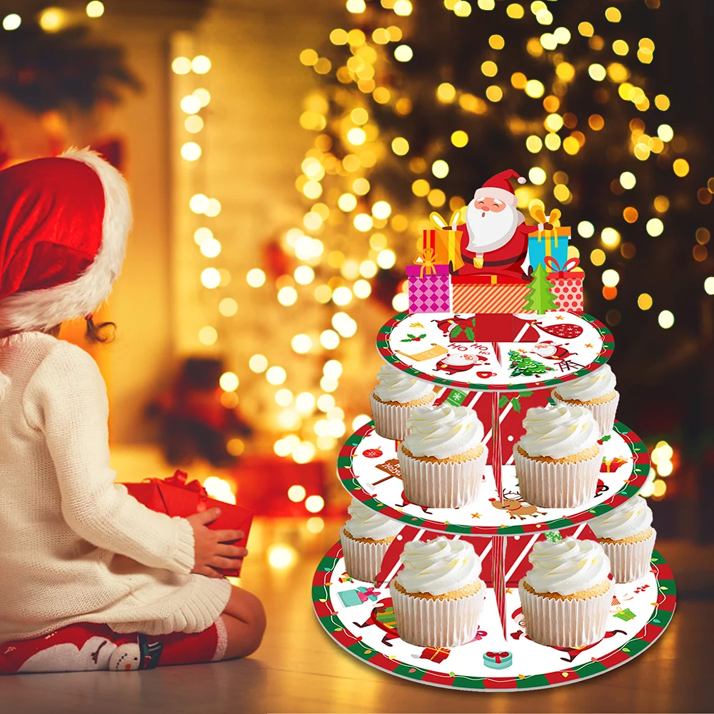 

3-layers Cartoon Santa Claus Merry Christmas Xmas Party Paperboard Cake Cupcake Display Stand Happy New Year Party Decorations