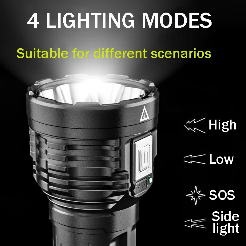 New Powerful LED Flashlight Outdoor Lighting Portable Torch Multifunctional COB Side Light USB Rechargeable 8 Wicks Flashlights