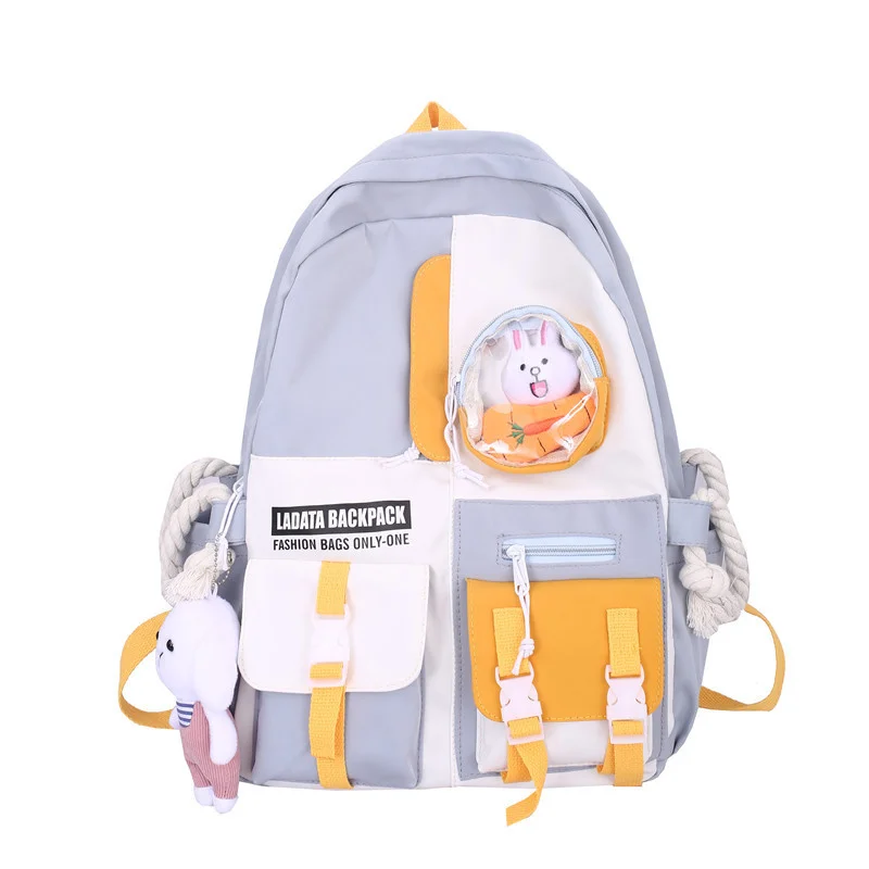 

TRAVEEASY Lightness Women Backpack Nylon Waterproof Middle School Bag Girl Preppy Kawaii Rabbit Pendant Backpack Large Capacity