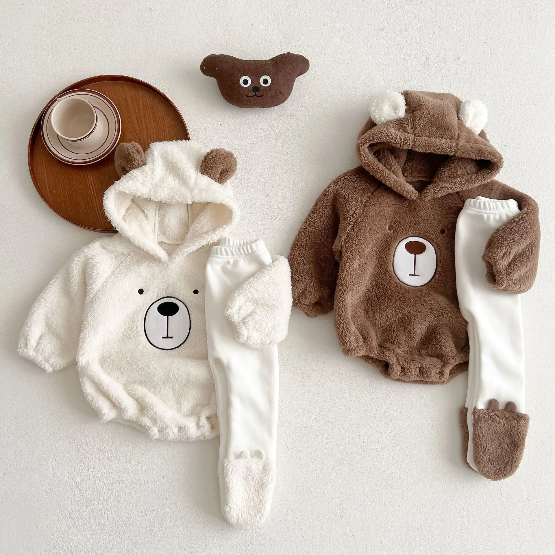 Baby Suit Autumn And Winter Cute Hooded Newborn Bodysuit Baby Plus Velvet Warm Long Pants Two-piece Set