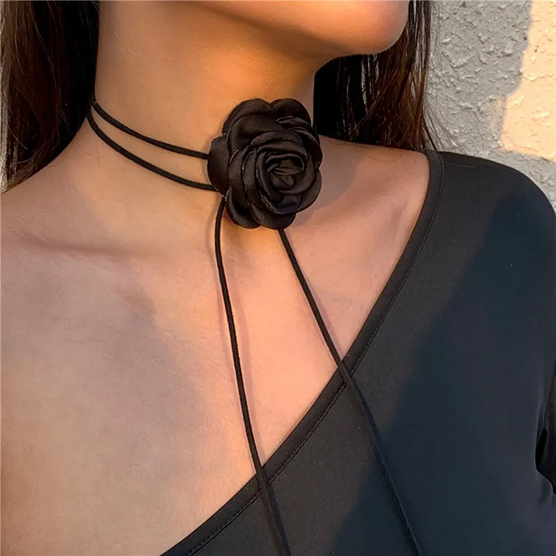 

Женская цепочка с цветком розы, романтическое готическое ожерелье до ключицы, корейская мода, регулируемый чокер из веревки, аксессуары Y2K