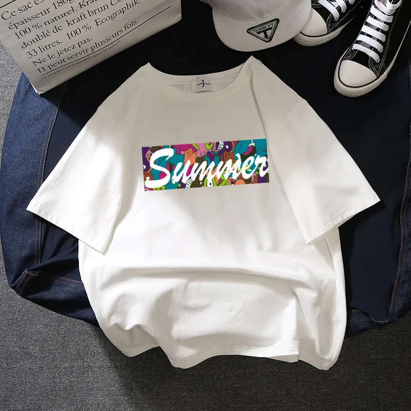 

2021 женские белые топы с принтом, женская рубашка с круглым вырезом и коротким рукавом, весна/осень, хлопок CN(Origin)