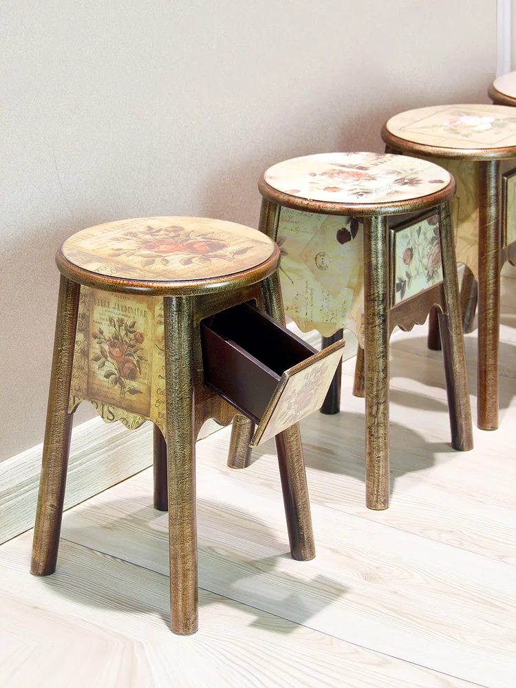 

Wooden Fashion Stool Home European Simple Modern round Dining Stool Pastoral Solid Wood Bedroom Bed End Stool Personalized
