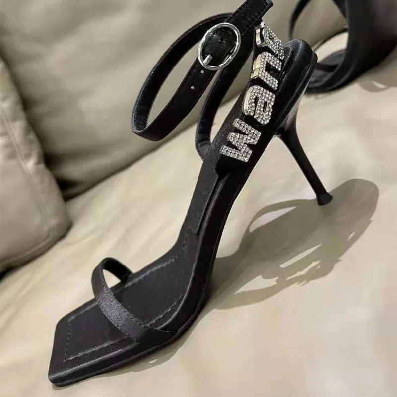 Summer New Square Toe Women Sandals Crystal Letters Decorative Women High Heels Sexy Shoes Women's Banquet Wedding Shoes Women