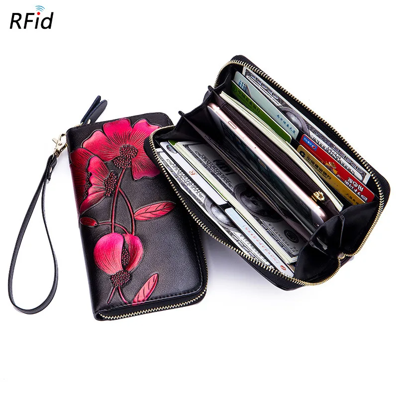 Chinese Style Retro Women RFID Blocking Wallet Genuine Leather Long Zipper Purse Vintage Handmade Embossed Clutch Card Holder
