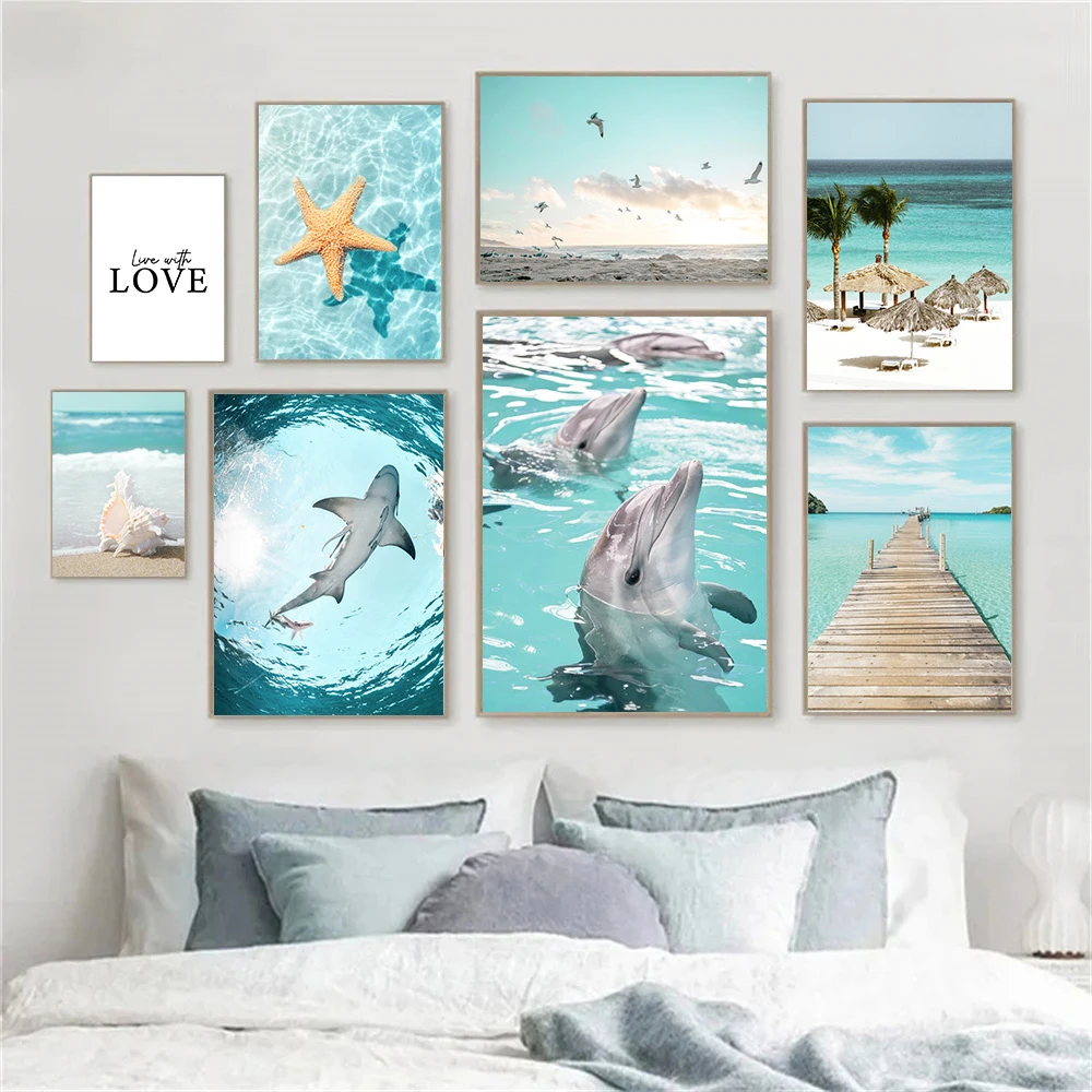 Плакат морской акулы дельфин Морская звезда холст живопись Пляжная настенная