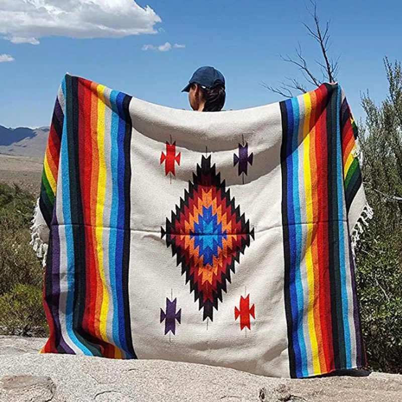 

Mexican Serape Blanket Travel Striped Rainbow Beach Blankets Mat with Tassel for Beds Outdoor Picnic Sofa Cover Tapestry Rug