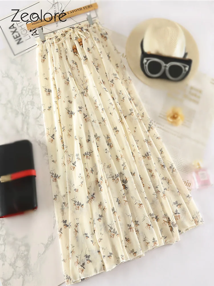 

Zeolore Summer Sweet Floral Print Chiffon Skirt Women High Waist Elegant Bow Tie A-line Skirt QT1662