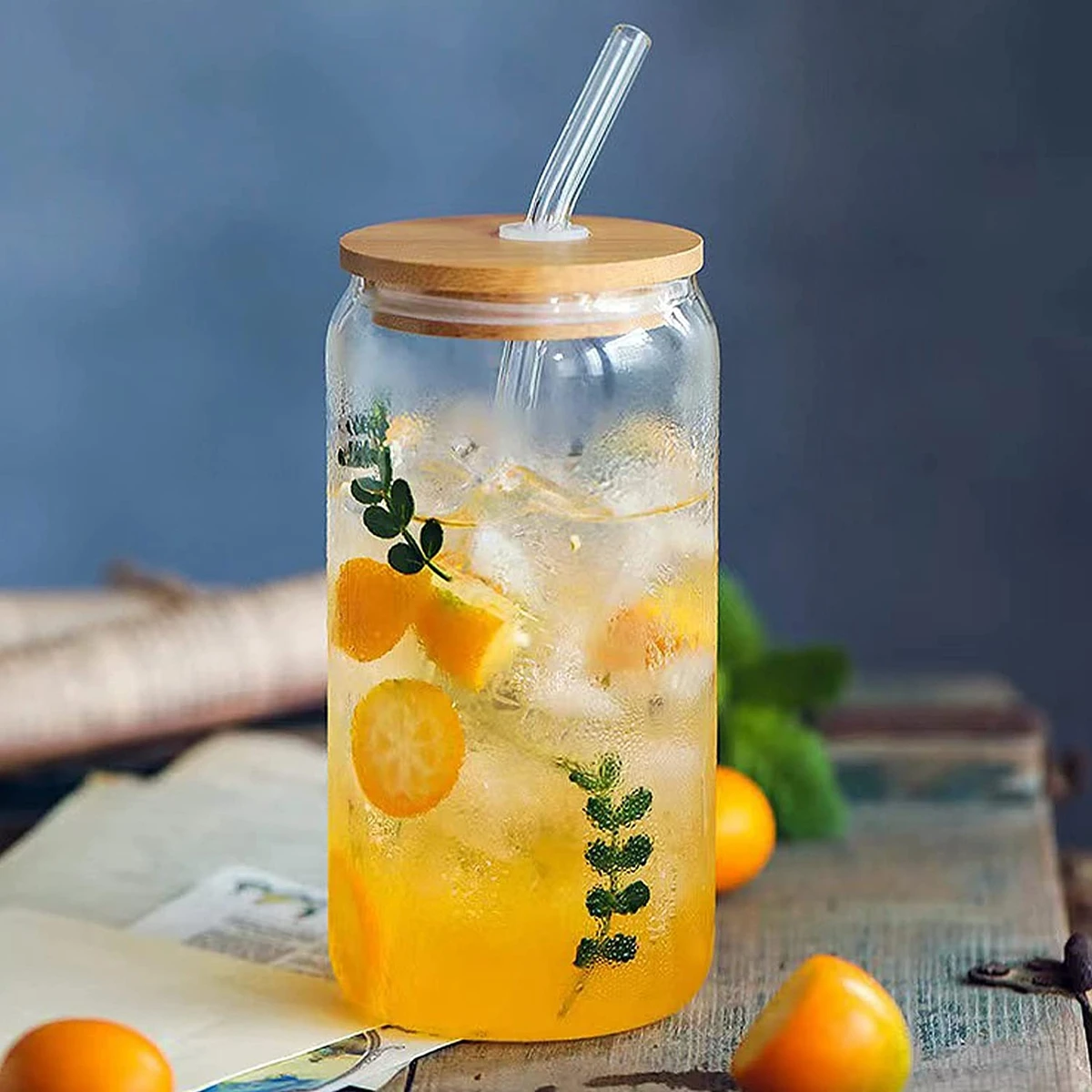 

Стеклянная соломенная чашка с бамбуковой крышкой, 12/16 унций