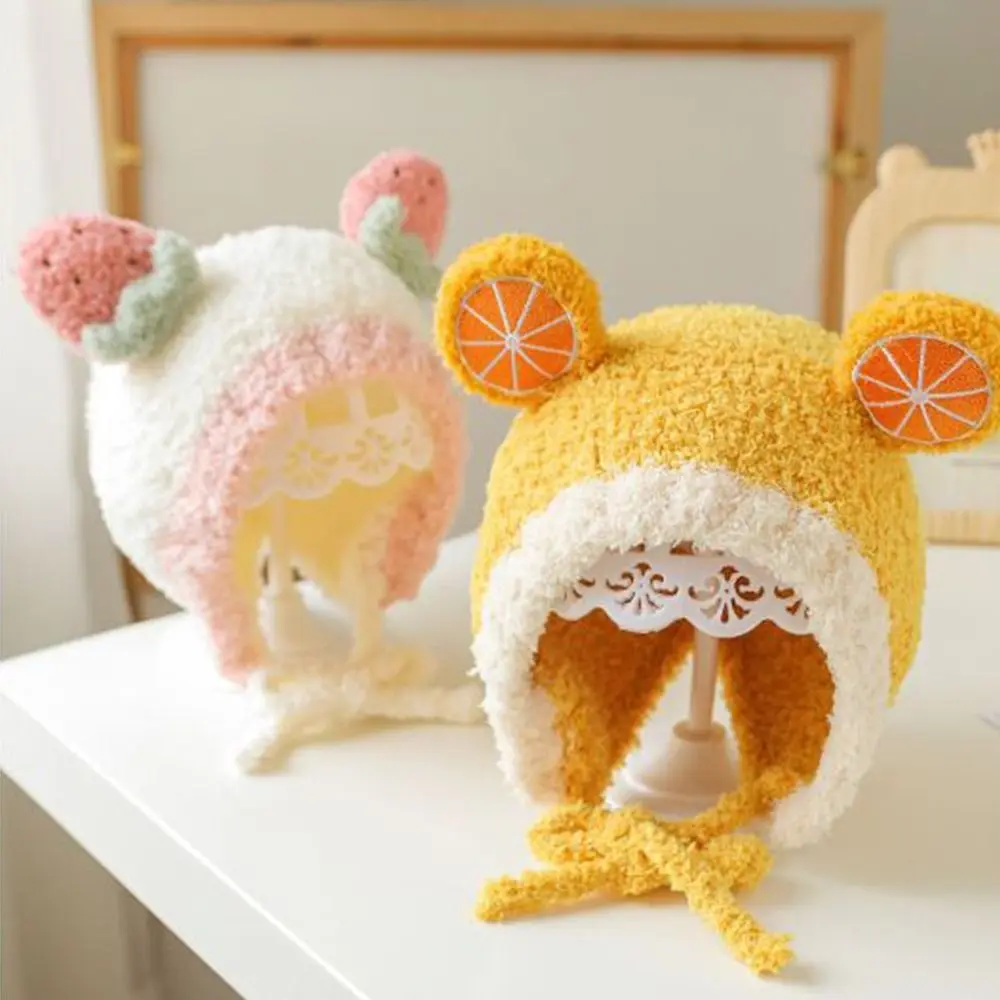 

Orange Strawberry Solid Color Watermelon Cartoon Design Korean Cap Children Bomber Hat Fruit Shape Ear Beanie Cashmere
