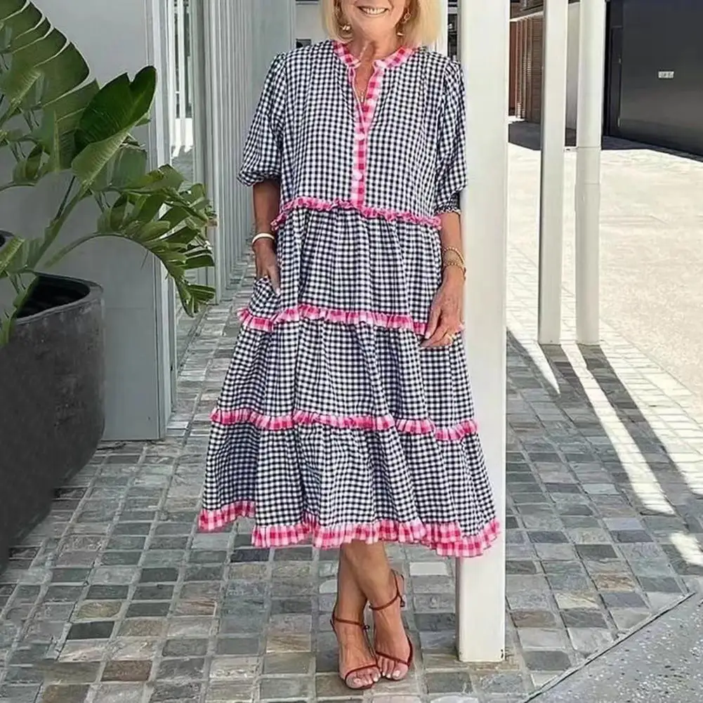

Popular Casual Dress Lantern Sleeves Anti-shrink Pullover Dress Mid-aged Mother Plaid Print Ruffle Hem Dress