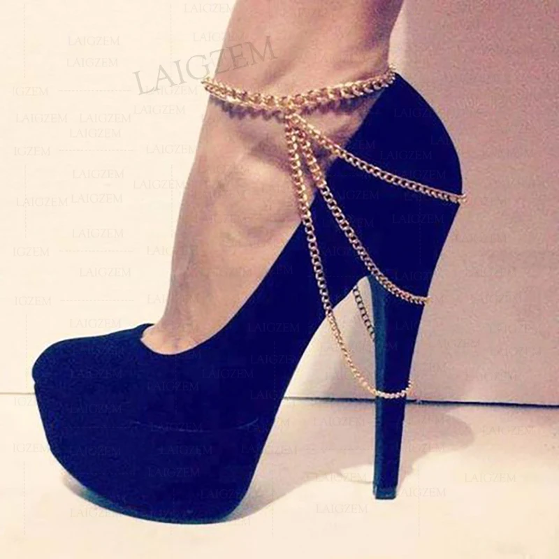 

SEIIHEM Women Pumps Round Toe Platform Metal Chains Thin High Heels Sandals Ladies Handmade Shoes Woman Big Size 39 45 47 50 52