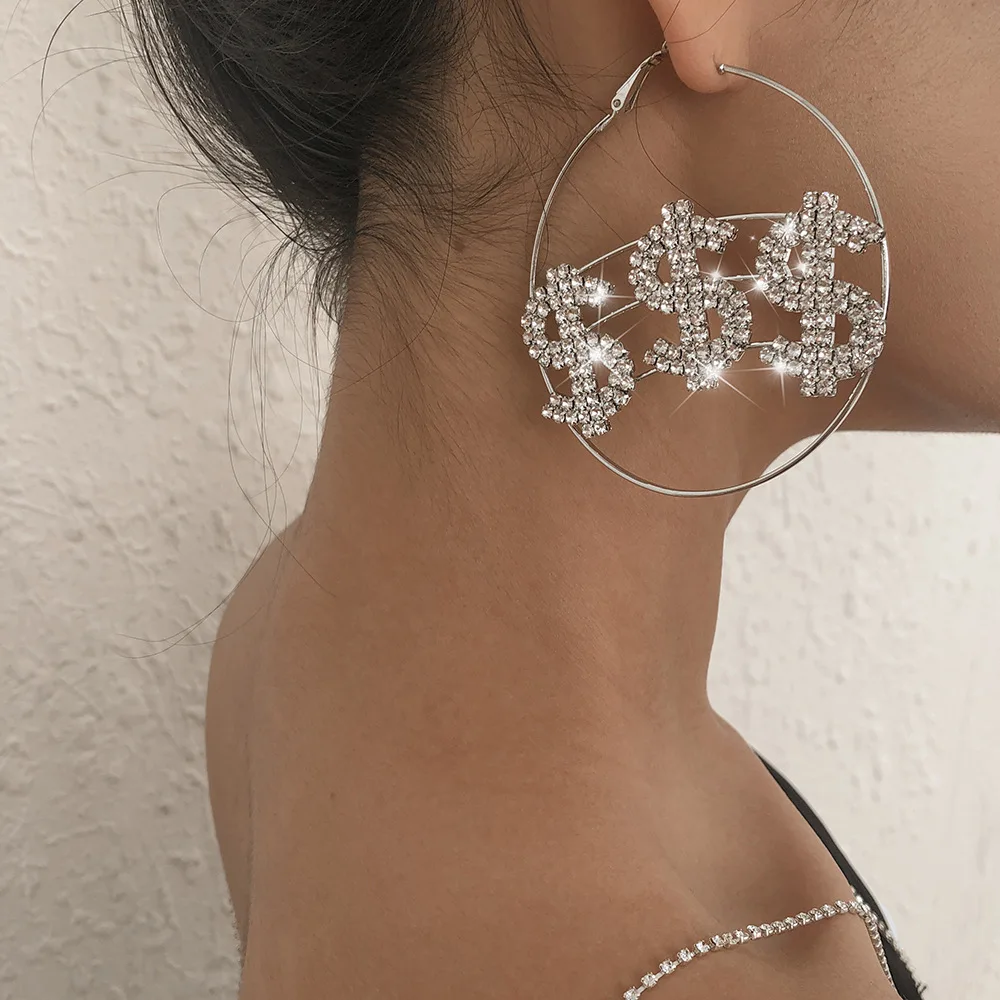 Серьги-кольца в виде символа доллара, висячие серьги-подвески с кристаллами, модные аксессуары для женщин и девушек