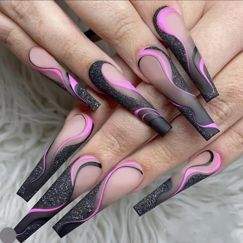

3D long fake nails press on faux ongles reutilisable acrylic long coffin tips Manicure supplies with french designs false nail