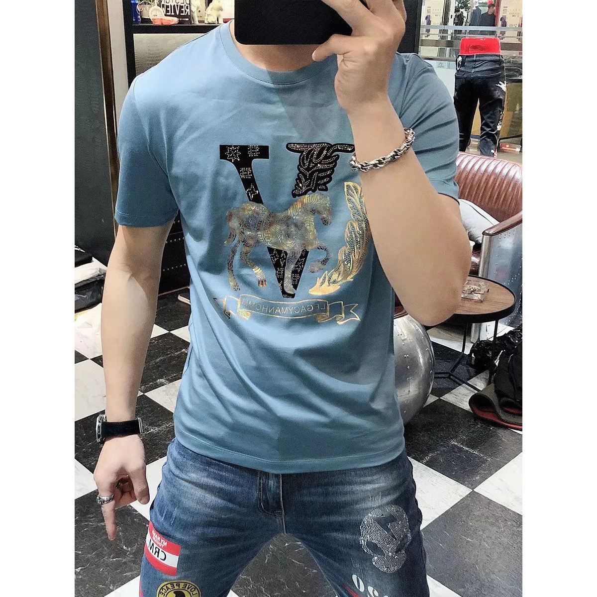 

2023 T-shirt Summer Men's Short Sleeve Embroidery Hot Diamond Men's Fashion Brand Blue Casual Fit European Station Top