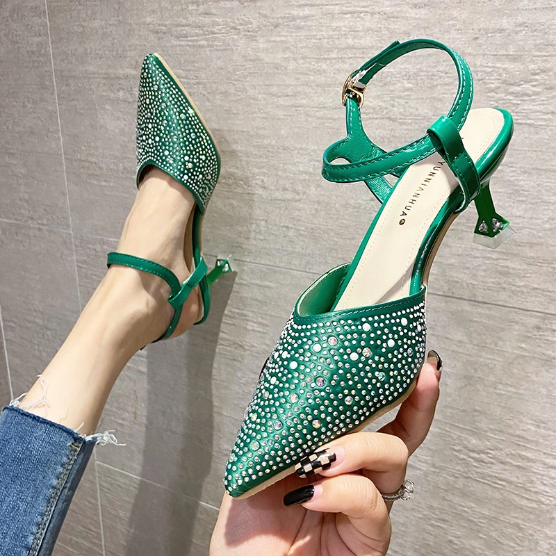 

Туфли женские на высоком каблуке, пикантные сандалии с острым носком, со стразами, дышащие, ремешок на щиколотке, туфли-лодочки, свадебная об...