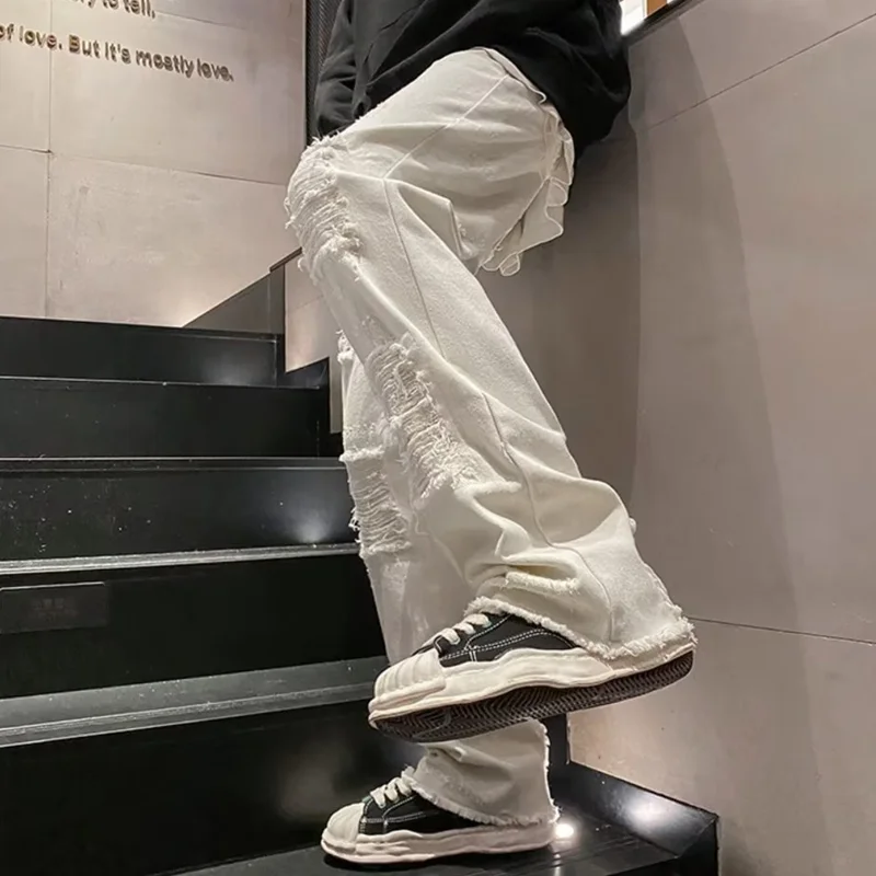 Streetwear Men 2022 New Recreational Comfortable Black Ripped Jeans Loose Temperament Versatile Micro Flare Pants Autumn Female