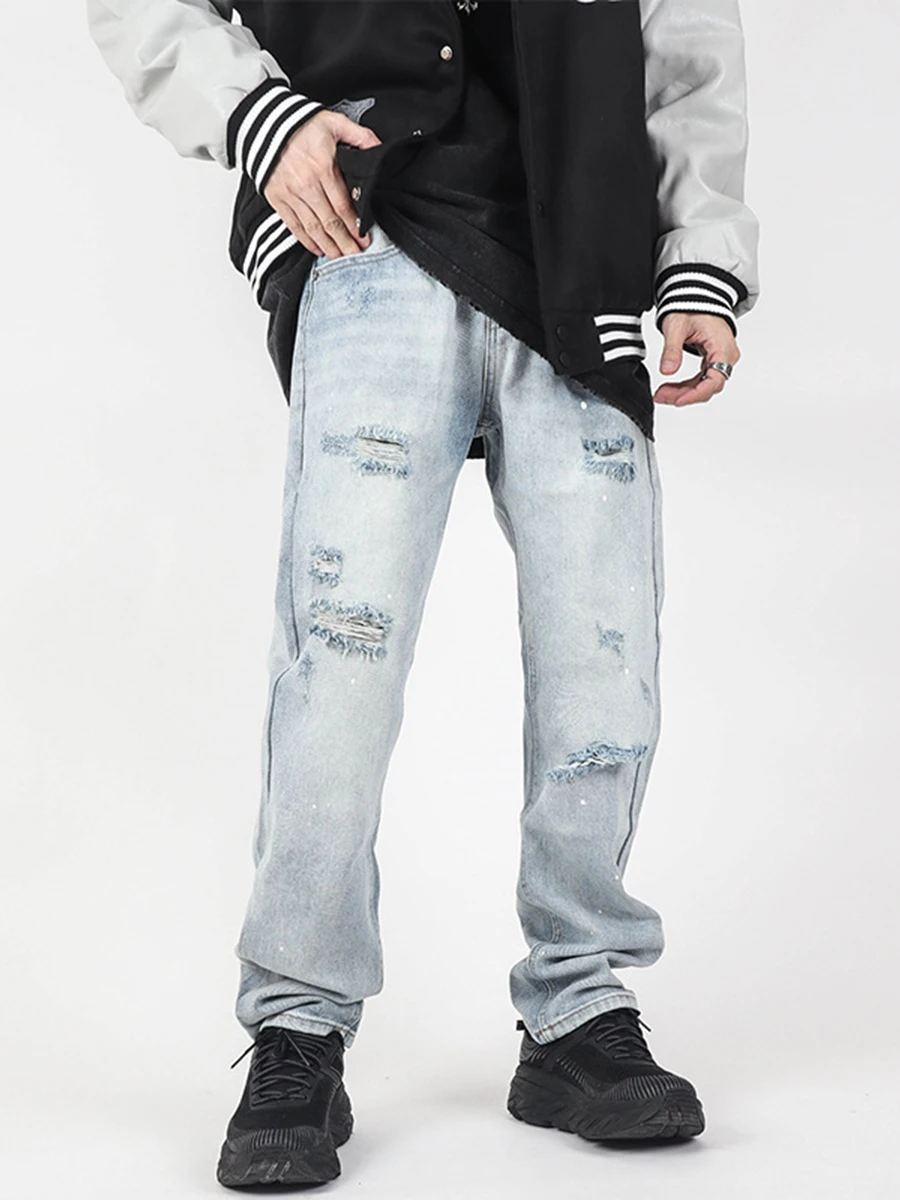 Four Seasons European and American High Street American Retro Washed Straight Loose Ripped Jeans Men Are Trendy Men's Clothing