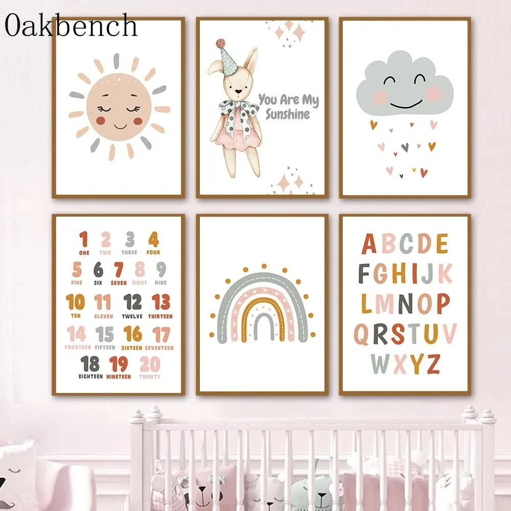 Плакаты с радужным принтом кролика, солнце, облака, художественные принты, алфавит, холст, живопись, детская комната, настенные картины, украшение комнаты для девочки