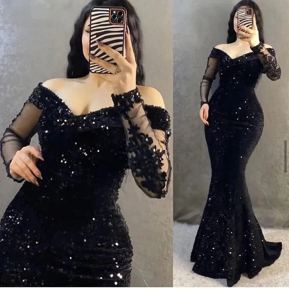

Charming Sequins Mermaid Black Evening Dresses Off The Shoulder Long Sleeves 2023 Green Women Formal Night Party Gowns
