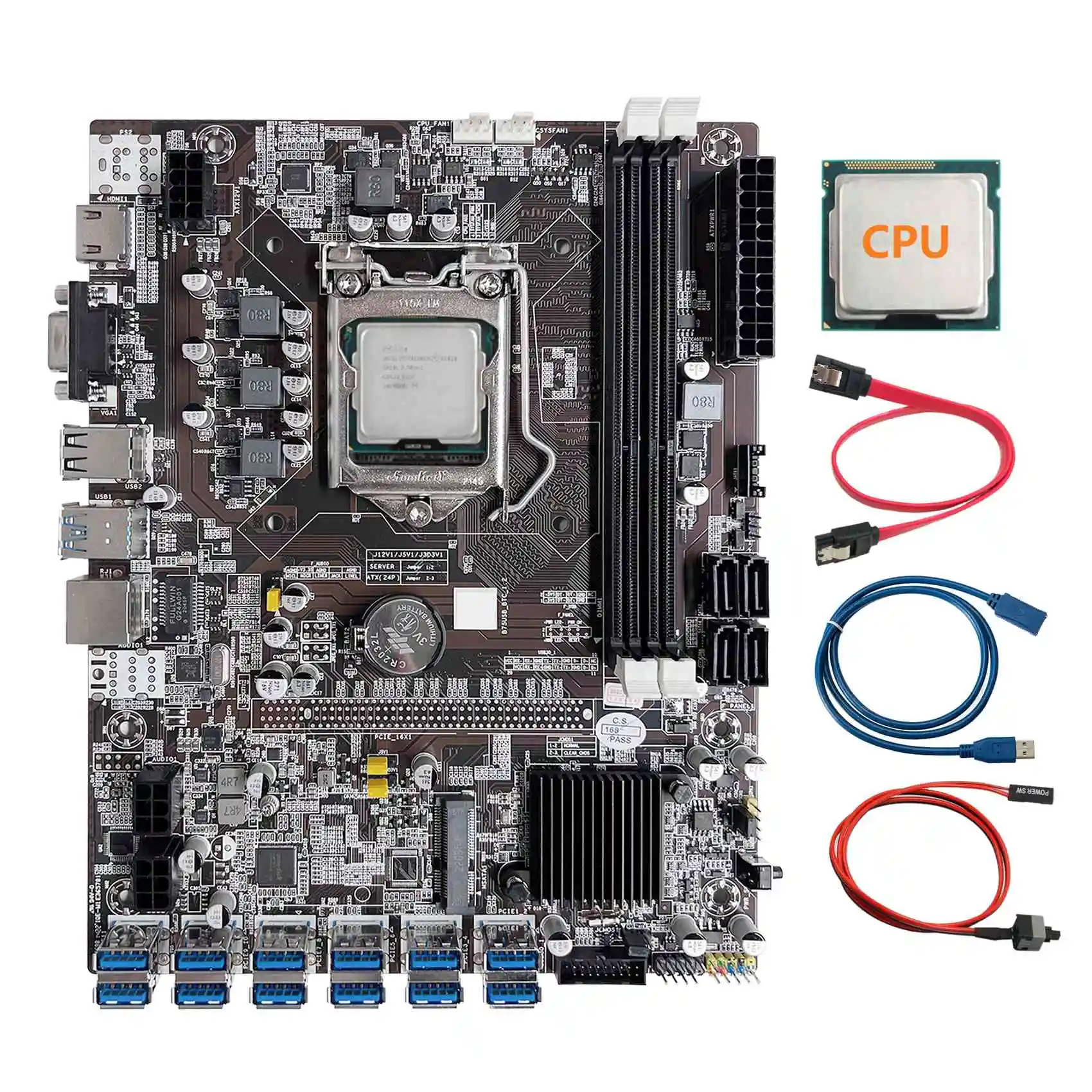 B75 12 Card BTC Mining Motherboard+CPU+USB Extension Cable+SATA Cable+Switch Cable 12XUSB3.0 Slot LGA1155 DDR3 RAM MSATA