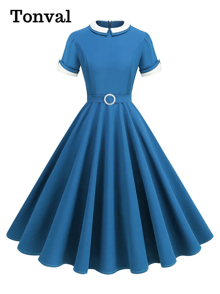 Женское винтажное платье с коротким рукавом Tonval длинное синее в стиле 50-х