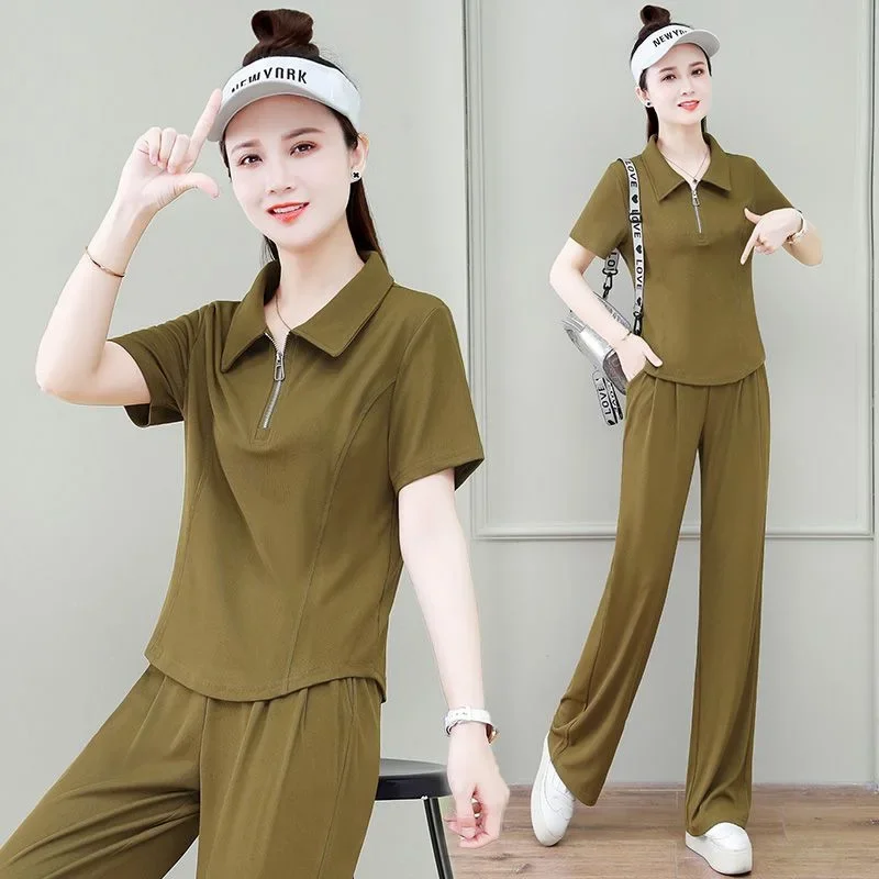 Модная футболка с короткими рукавами и лацканами женские брюки-клеш комплект из 2