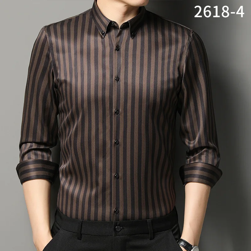 2022 New Stretch Business Shirt Stripe Long Sleeve Casual Trim Youth Long Sleeve Shirt Four Seasons No-iron Men's Shirt