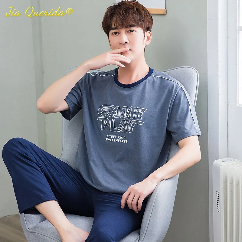 Мужская одежда для сна хлопковые пижамы летние шорты топ + длинные штаны модная