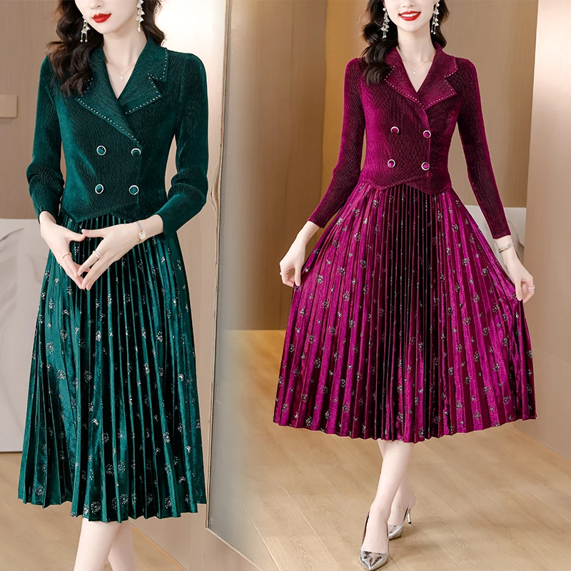 2023 Spring and Autumn New Pleated Elegant Retro Slim Suit Collar Large pleated Skirt Slim Medium Length Dress