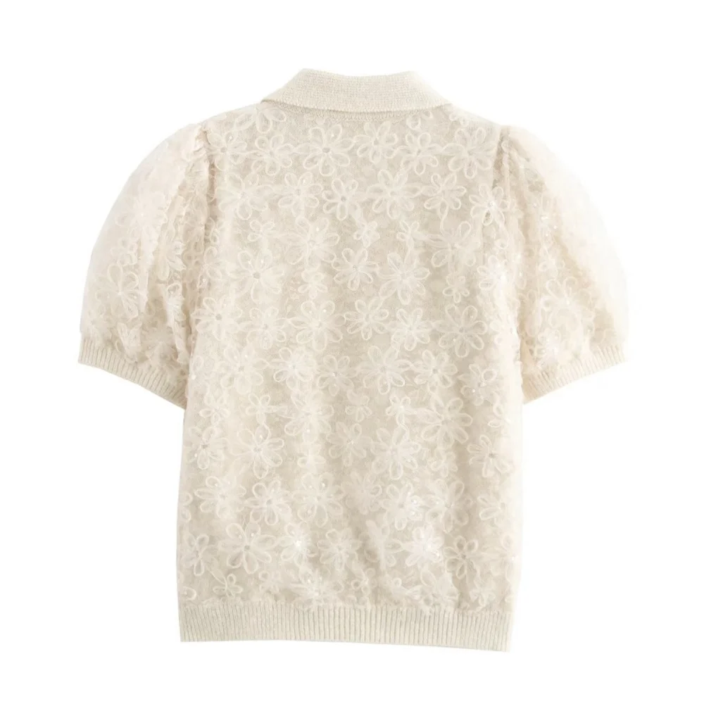 Женский милый вязаный кардиган с кружевом и бисером лацканами цветами короткими