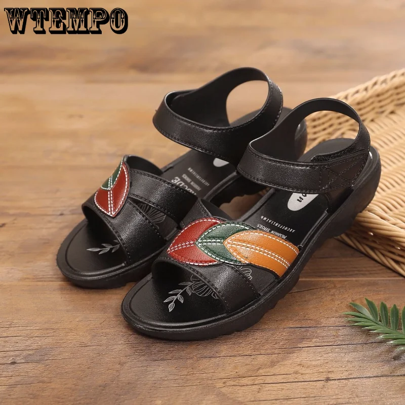 

WTEMPO Summer Leather Women Sandals Mother Soft Slip On Comfort Flat Sandal Women Wedge Sandal Ladies Walking Shoes Dropshipping