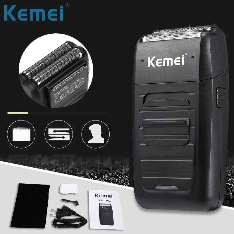 

Kemei KM-1102 Cordless Shaver for Men Dual Blades Beard Trimmer Reciprocating Bald Headed Razors Rechargeable Haircut Machine