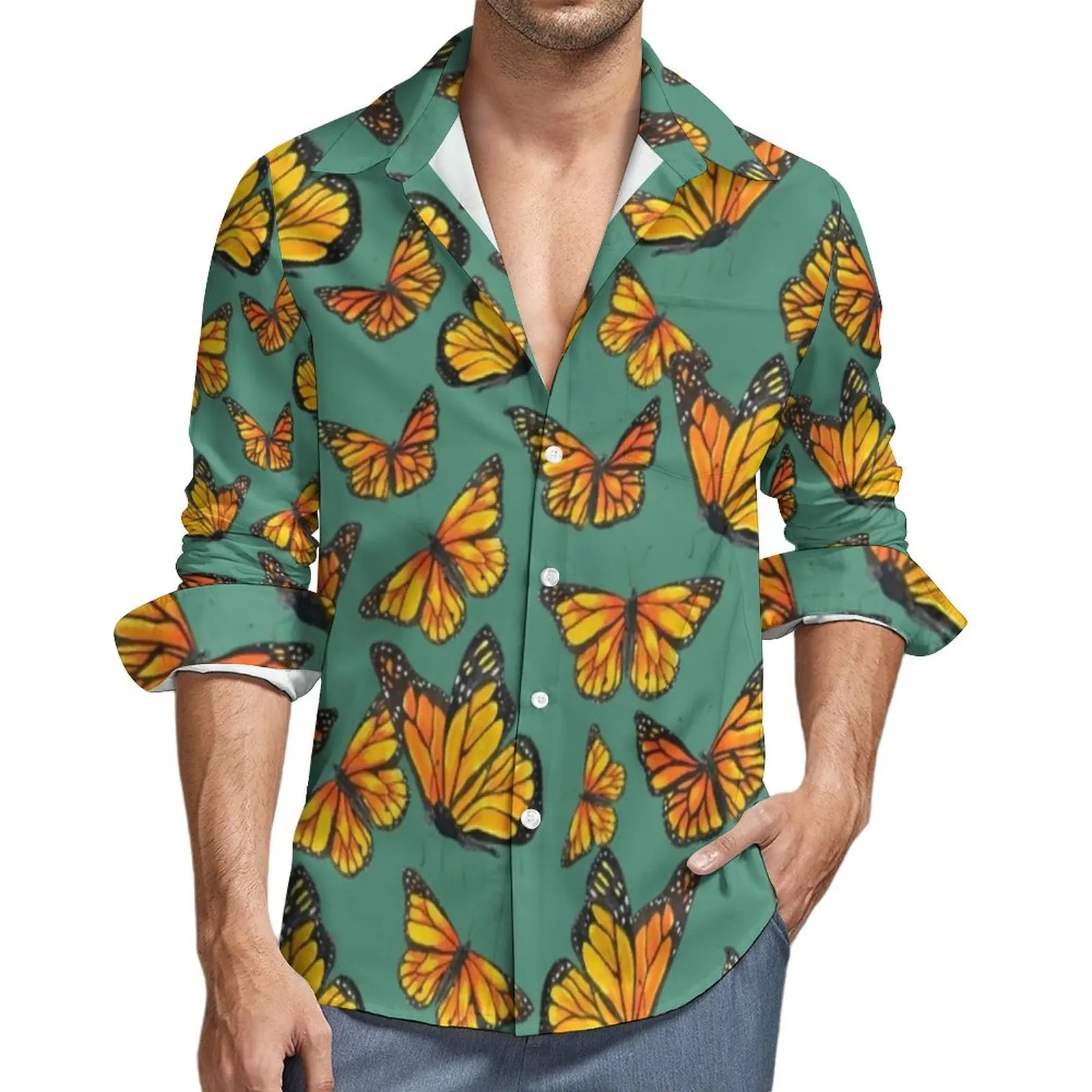 

Рубашка мужская с принтом в виде бабочки, Повседневная Блузка с длинным рукавом, оверсайз в стиле ретро, с графическим принтом, оранжевая, на...