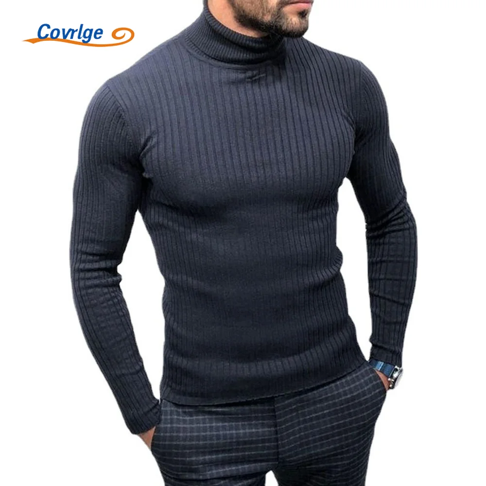 Covrlge Spring Autumn New Men's High-neck Black Knitted Sweater Long-sleeved Sweater Slim Fit Bottoming Shirt for Men MZM163
