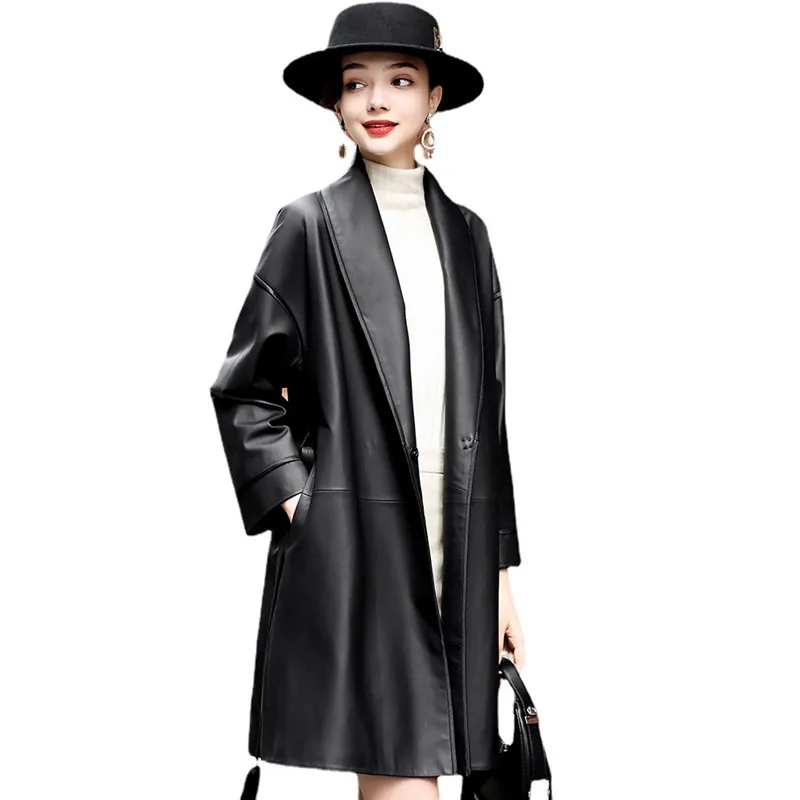 Leather Trench Women's Spring And Autumn Loose V-Neck Mid Length Leather Coat Fashion Black Sheepskin All Matching Coat enlarge