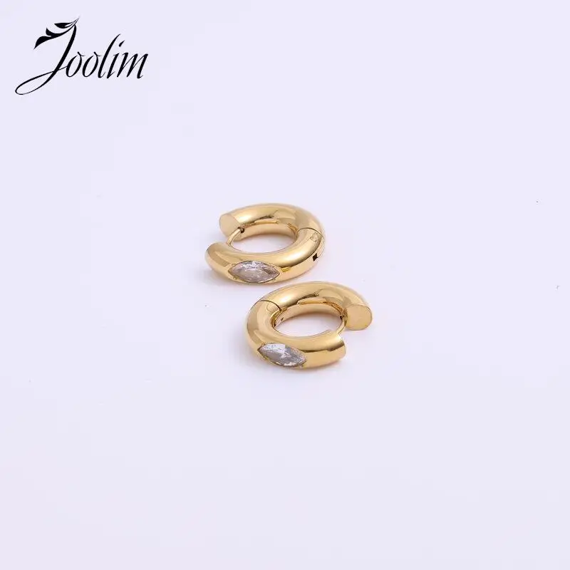 

JOOLIM Jewelry High End PVD Wholesale Waterproof Chunky Luxury Eye Shaped Zirconia Hoop Stainless Steel Earring For Women