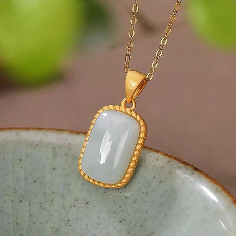 

FINE S925 Silver Pendant Women Geometry White Jade Necklace Pendant
