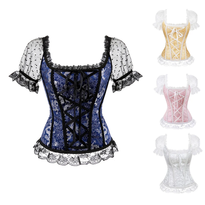 

Sexy Princess Costume Short Sleeves Lace Up Corset Bustier Top Boned Waist Trainer Lingerie Overbust Corsets Gothic Body Shaper
