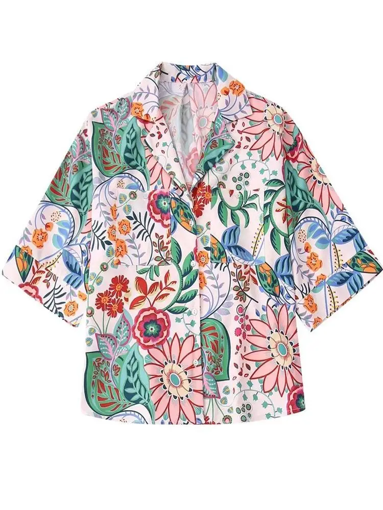 

TRAF Women 2022 Fashion Floral Print Loose Shirts Vintage Short Sleeve Button-up Female Blouses Blusas Chic Tops Streetwear