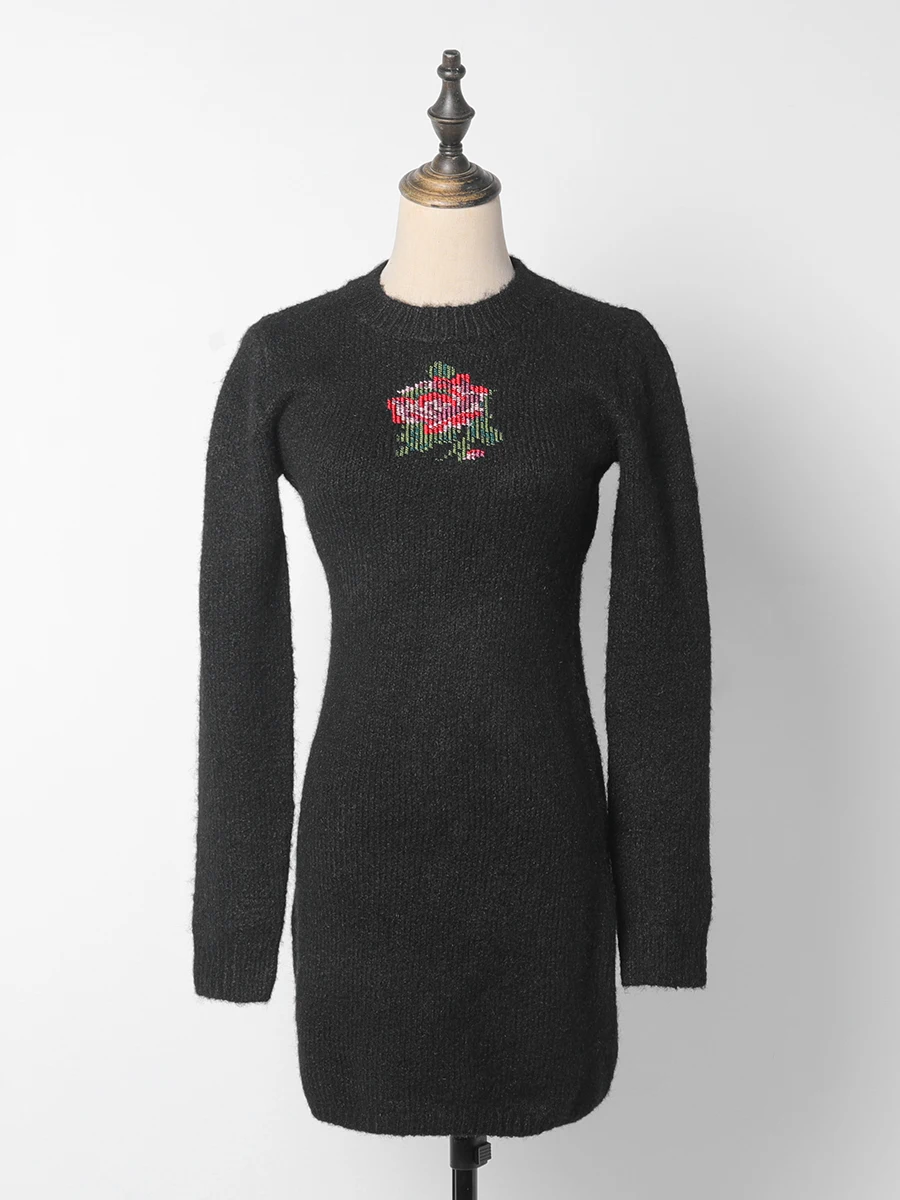 Женское трикотажное платье с круглым вырезом длинным рукавом | Женская одежда