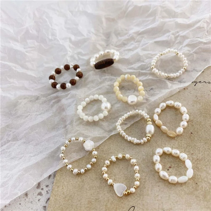 

Korean Retro Natural Pearl Shell Beaded Ring For Women Fashion Party Finger Ring Jewelry Women Gift