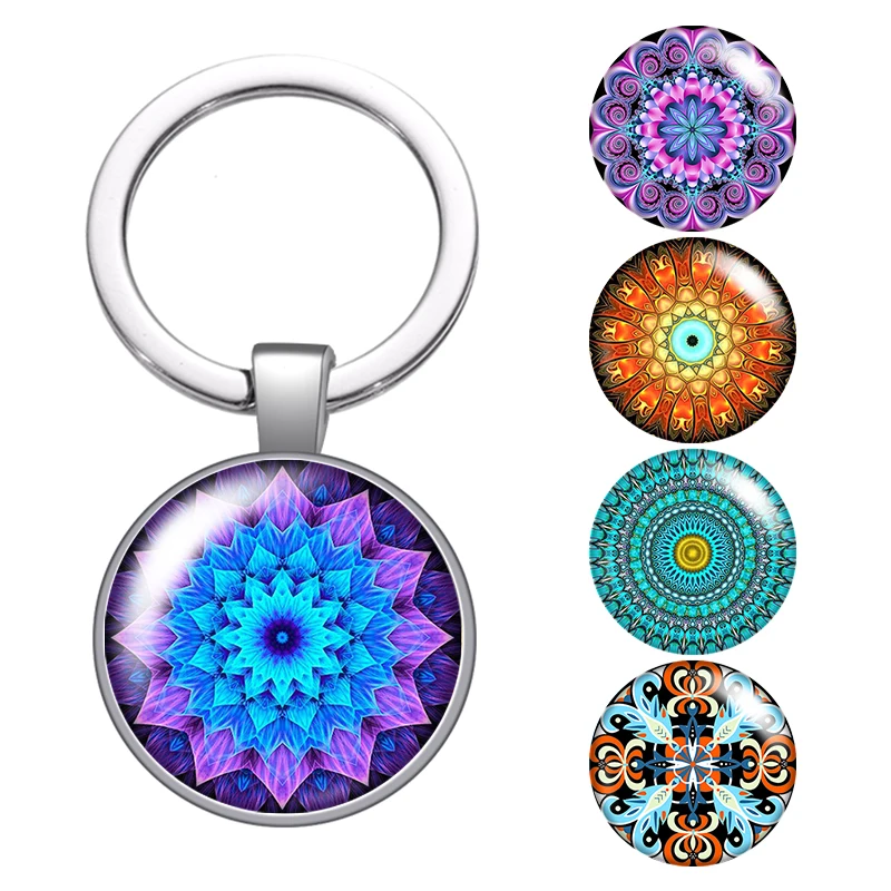 

LE Beauty Flower Vintage Patterns Glass Cabochon Keychain Bag Car Key Rings Holder Charms Silver Plated Key Chains Men Womens