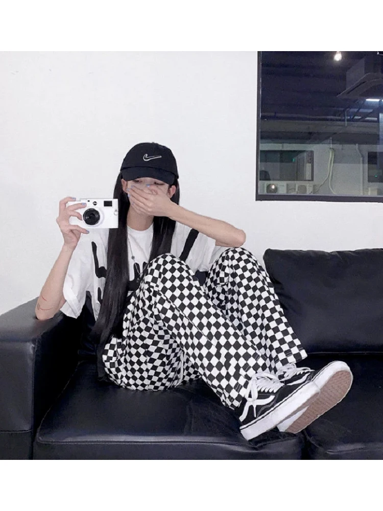 Женские широкие брюки в клетку HOUZHOU черные и белые Корейском стиле Харадзюку