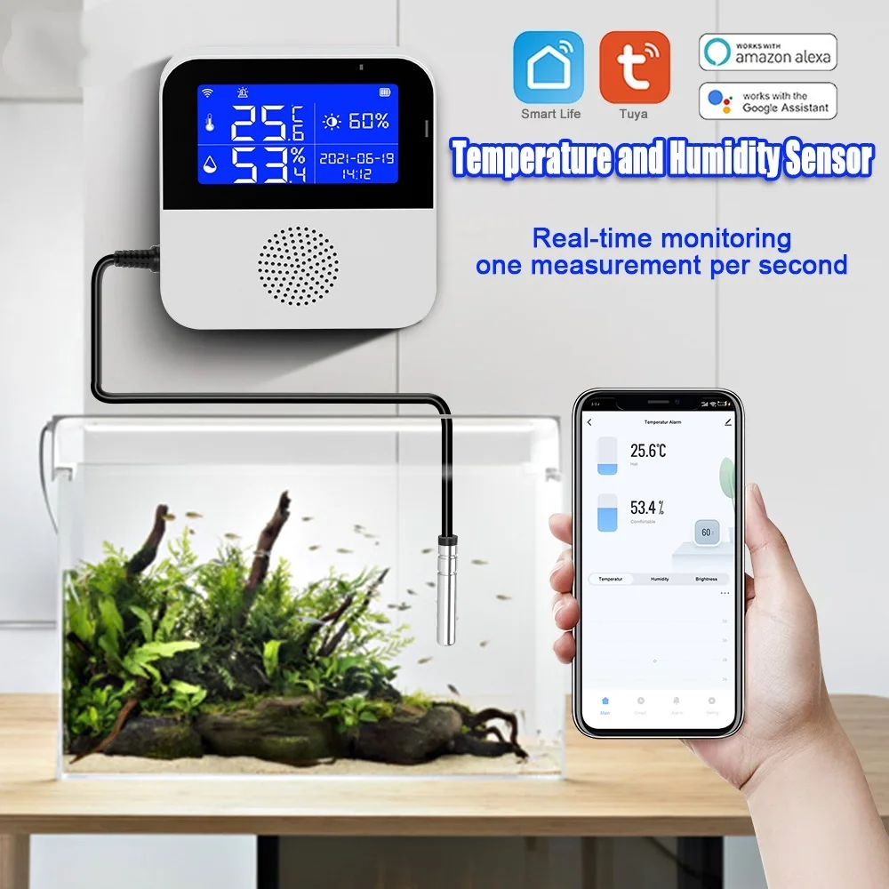 

Tuya WIFI Temperature Humidity Sensor LCD Display For Smart Home or Plant Growth High Precison With Water Temperature Line