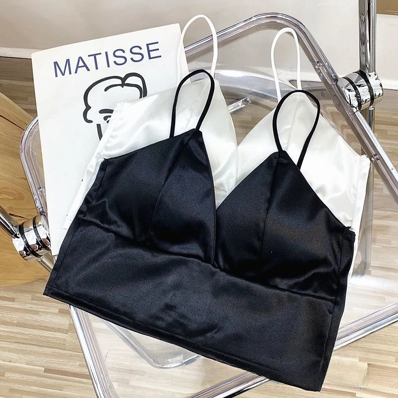 

Sexy Satin Crop Tops Women Wireless Bralette Crochet Top Female Spaghetti Strap T-shirt Cropped with Chest Padded Camisole Camis