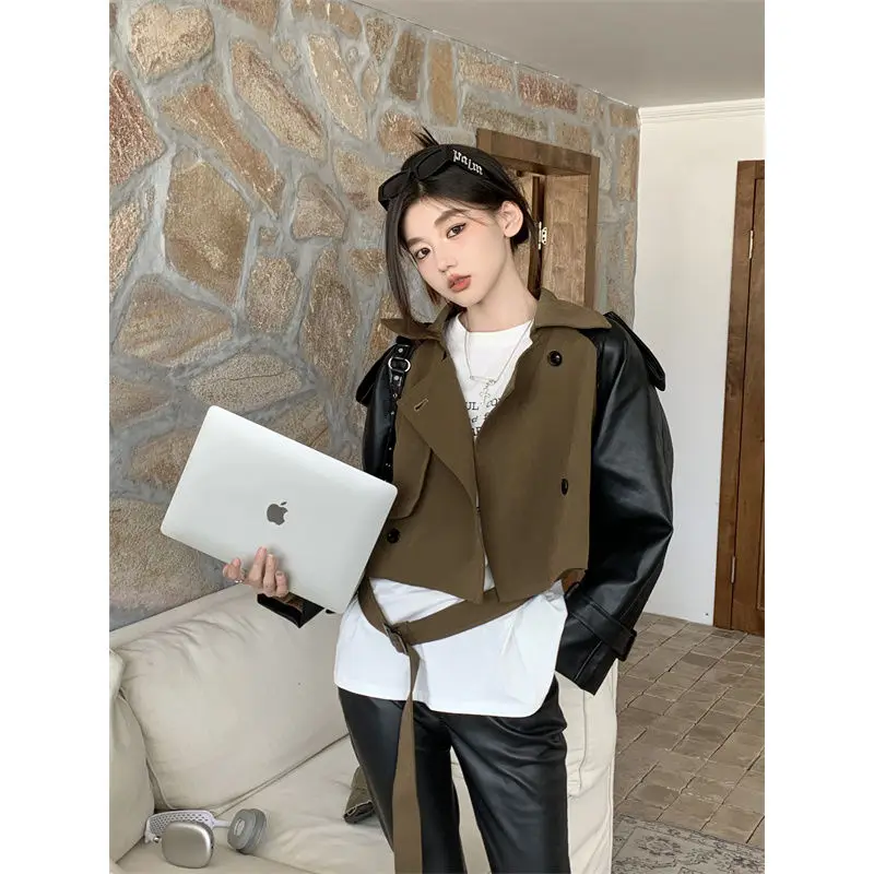 Американская ретро контрастного цвета сращенная куртка из искусственной кожи