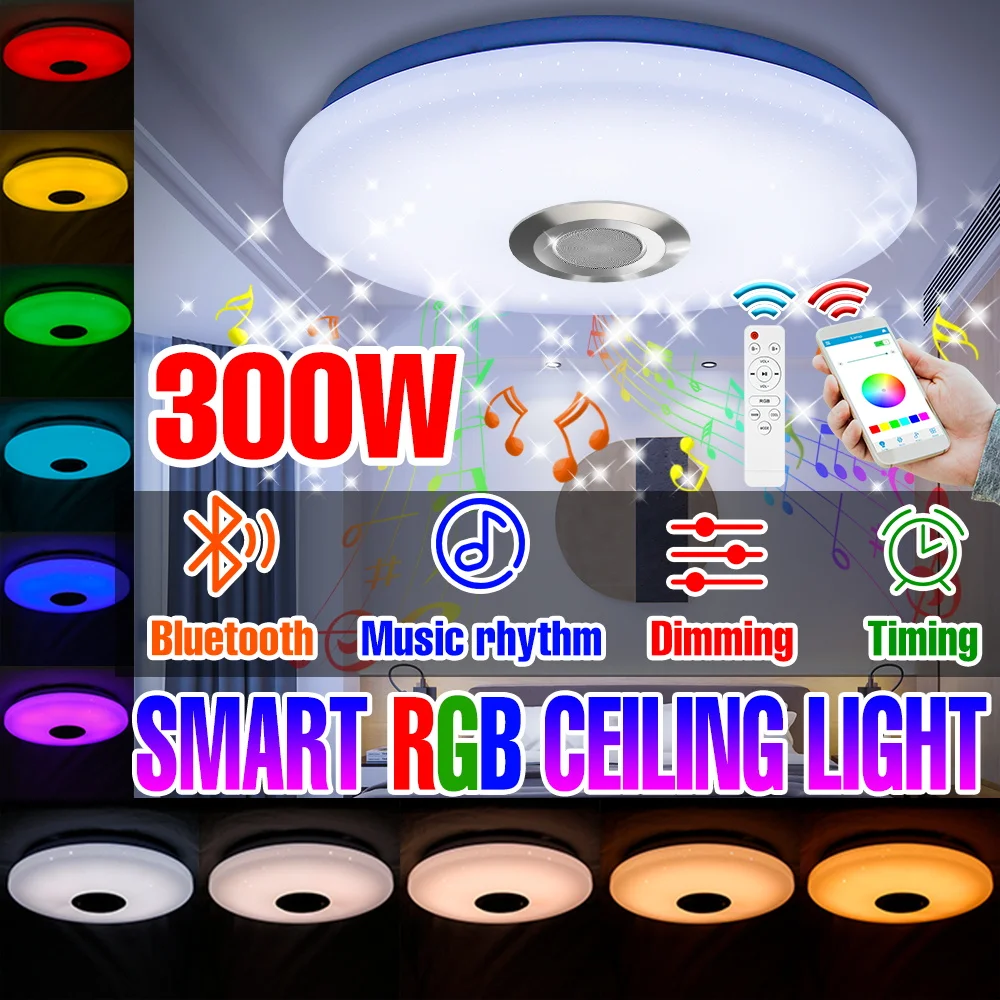 Lámpara LED de techo inteligente con Control remoto por aplicación, candelabros RGB con Altavoz Bluetooth para dormitorio, sala de estar, decoración de fiesta, luz LED