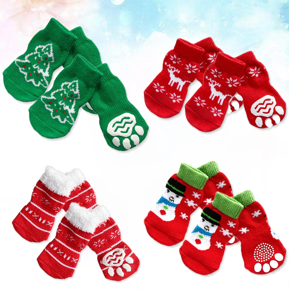 

4 Sets of Pet Dog Puppy Cat Non-Slip Cotton Socks with Christmas Pattern Size S