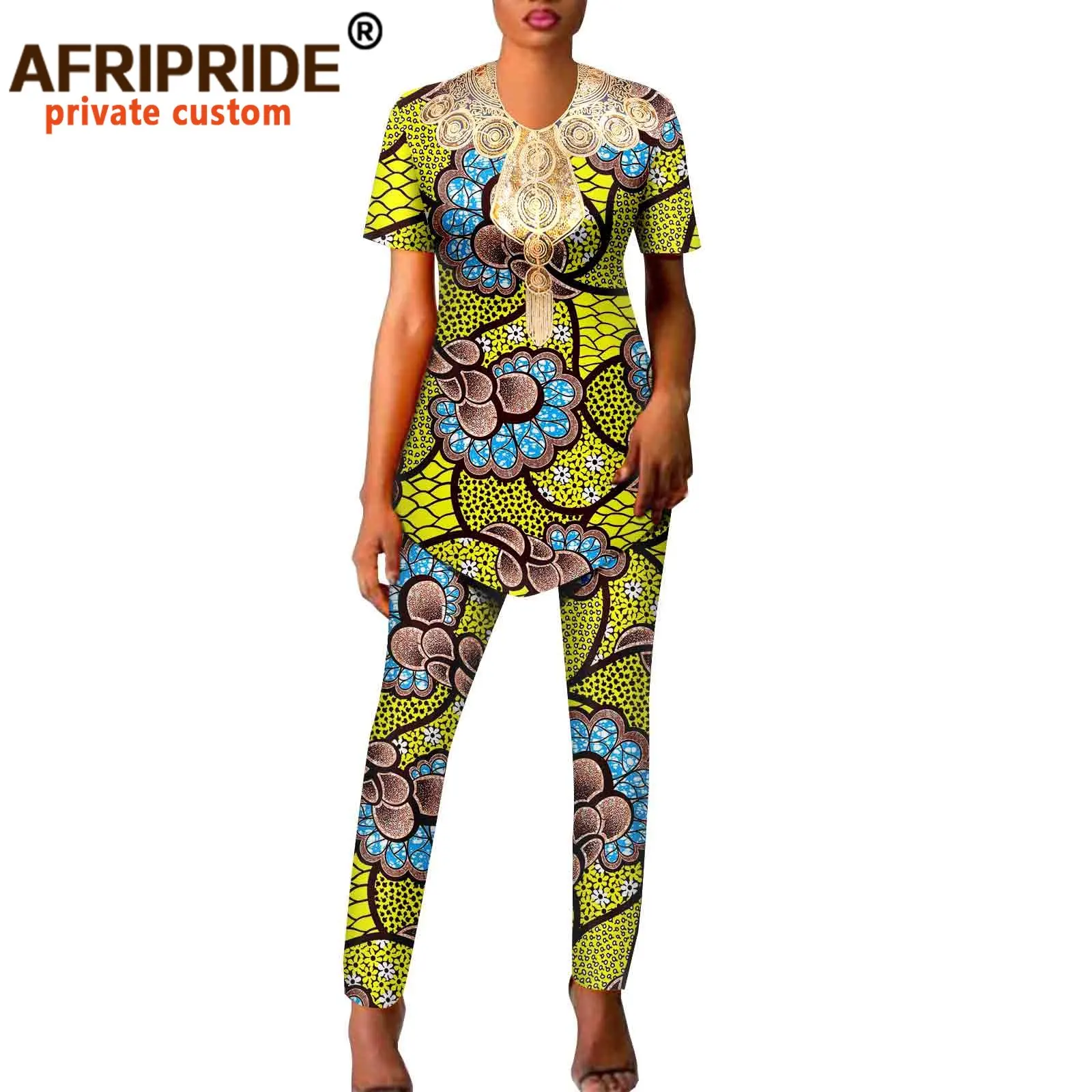 Afripride African-American Women's Suit Ankara Printed Fabric Short Sleeve Top with Pants Fashion Set Applique A2226025